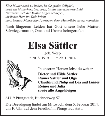 Traueranzeige von Elsa Sättler von Echo-Zeitungen (Gesamtausgabe)