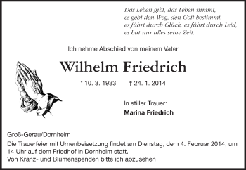 Traueranzeige von Wilhelm Friedrich von Rüsselsheimer Echo, Groß-Gerauer-Echo, Ried Echo
