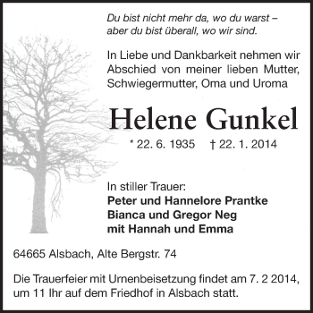 Traueranzeige von Helene Gunkel von Echo-Zeitungen (Gesamtausgabe)