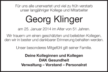 Traueranzeige von Georg Klinger von Echo-Zeitungen (Gesamtausgabe)