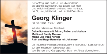 Traueranzeige von Georg Klinger von Darmstädter Echo, Odenwälder Echo, Rüsselsheimer Echo, Groß-Gerauer-Echo, Ried Echo