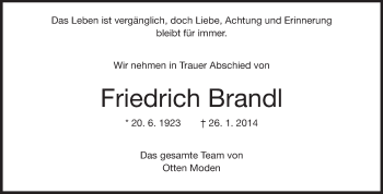 Traueranzeige von Friedrich Brandl von Echo-Zeitungen (Gesamtausgabe)