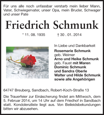 Traueranzeige von Friedrich Schmunk von Odenwälder Echo