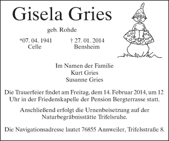 Traueranzeige von Gisela Gries von Starkenburger Echo