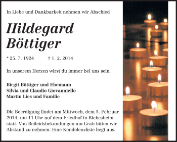 Traueranzeige von Hildegard Böttiger von Echo-Zeitungen (Gesamtausgabe)