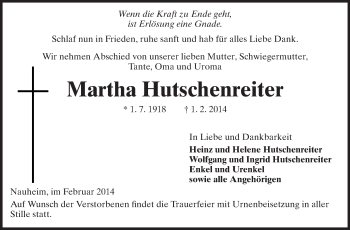 Traueranzeige von Martha Hutschenreiter von Rüsselsheimer Echo, Groß-Gerauer-Echo, Ried Echo