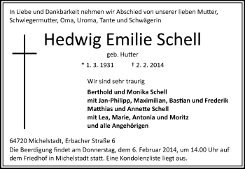 Traueranzeige von Hedwig Emilie Schell von Odenwälder Echo