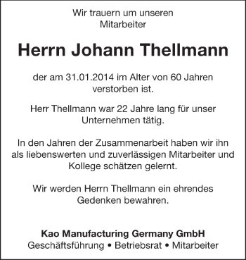 Traueranzeige von Johann Thellmann von Echo-Zeitungen (Gesamtausgabe)