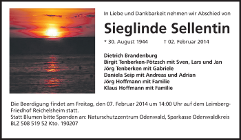 Traueranzeige von Sieglinde Sellentin von Odenwälder Echo