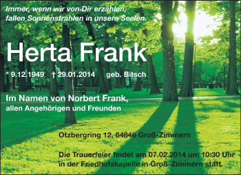 Traueranzeige von Herta Frank von Starkenburger Echo