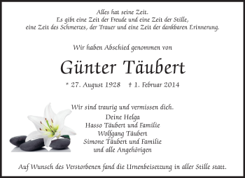 Traueranzeige von Günter Täubert von Darmstädter Echo, Odenwälder Echo, Rüsselsheimer Echo, Groß-Gerauer-Echo, Ried Echo
