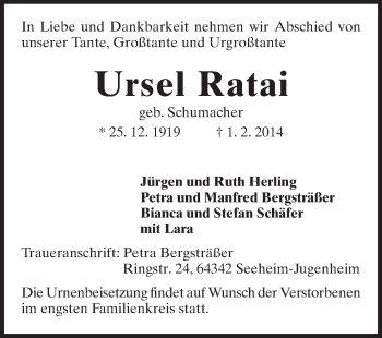 Traueranzeige von Ursel Ratai von Echo-Zeitungen (Gesamtausgabe)