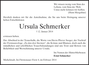 Traueranzeige von Ursula Schmerker von Odenwälder Echo