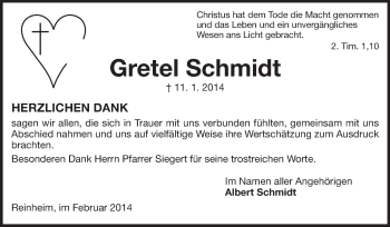 Traueranzeige von Gretel Schmidt von Echo-Zeitungen (Gesamtausgabe)