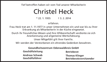 Traueranzeige von Christel Heck von Odenwälder Echo