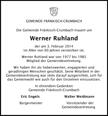 Traueranzeige von Werner Ruhland von Odenwälder Echo