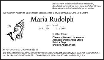 Traueranzeige von Maria Rudoph von Odenwälder Echo