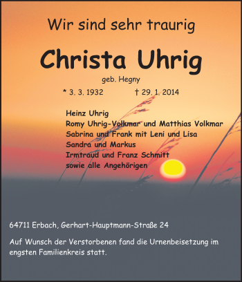 Traueranzeige von Christa Uhrig von Odenwälder Echo