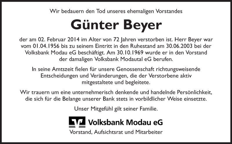  Traueranzeige für Günter Beyer vom 06.02.2014 aus Echo-Zeitungen (Gesamtausgabe)