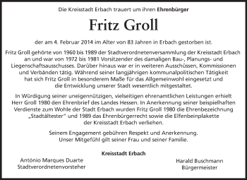 Traueranzeige von Fritz Groll von Odenwälder Echo