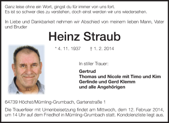 Traueranzeige von Heinz Straub von Odenwälder Echo