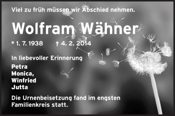 Traueranzeige von Wolfram Wähner von Echo-Zeitungen (Gesamtausgabe)