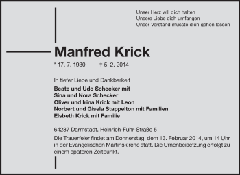 Traueranzeige von Manfred Krick von Darmstädter Echo, Odenwälder Echo, Rüsselsheimer Echo, Groß-Gerauer-Echo, Ried Echo