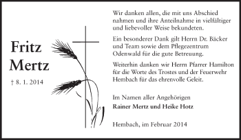 Traueranzeige von Fritz Mertz von Echo-Zeitungen (Gesamtausgabe)