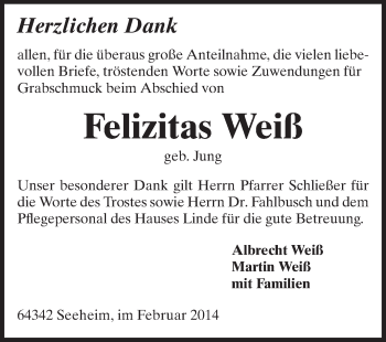 Traueranzeige von Felizitas Weiß von Echo-Zeitungen (Gesamtausgabe)