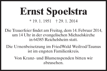 Traueranzeige von Ernst Spoelstra von Echo-Zeitungen (Gesamtausgabe)