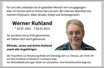 Traueranzeige von Werner Ruhland von Echo-Zeitungen (Gesamtausgabe)