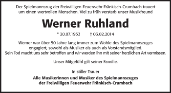 Traueranzeige von Werner Ruhland von Odenwälder Echo