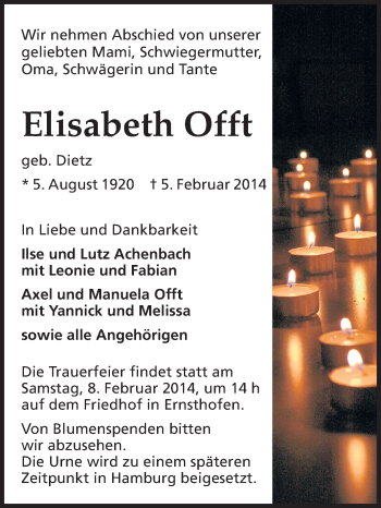 Traueranzeige von Elisabeth Offt von Echo-Zeitungen (Gesamtausgabe)