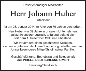 Traueranzeige von Johann Huber von Odenwälder Echo