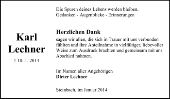 Traueranzeige von Karl Lechner  von Odenwälder Echo