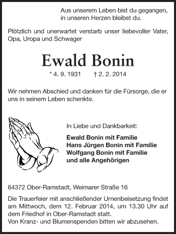 Traueranzeige von Ewald Bonin von Echo-Zeitungen (Gesamtausgabe)