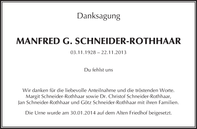  Traueranzeige für Manfred Schneider-Rothhaar vom 08.02.2014 aus Echo-Zeitungen (Gesamtausgabe)