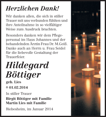 Traueranzeige von Hildegard Böttiger von Echo-Zeitungen (Gesamtausgabe)