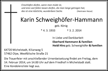 Traueranzeige von Karin Schweighöfer-Hammann von Odenwälder Echo