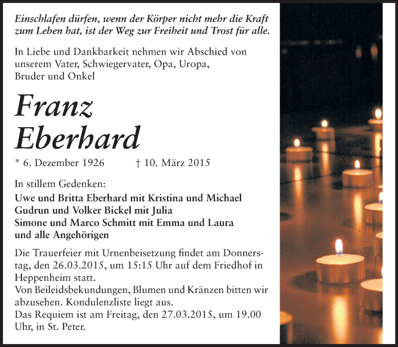  Traueranzeige für Franz Eberhard vom 20.03.2015 aus Starkenburger Echo