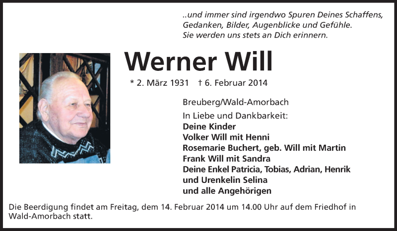  Traueranzeige für Werner Will vom 11.02.2014 aus Odenwälder Echo