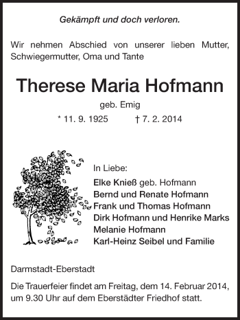 Traueranzeige von Therese Maria Hofmann von Echo-Zeitungen (Gesamtausgabe)