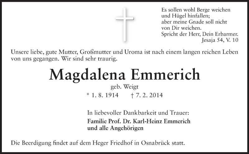  Traueranzeige für Magdalena Emmerich vom 10.02.2014 aus Echo-Zeitungen (Gesamtausgabe)