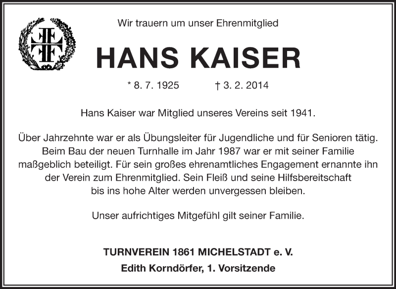  Traueranzeige für Hans Kaiser vom 10.02.2014 aus Odenwälder Echo