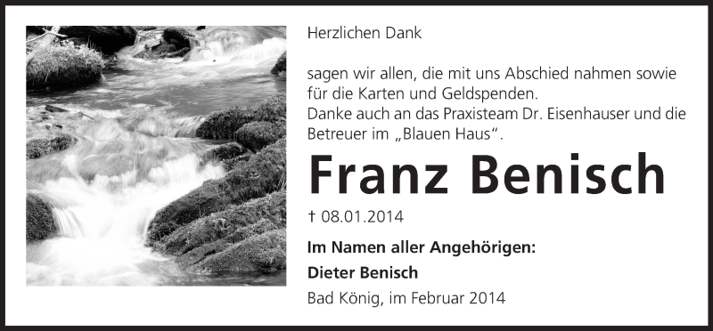  Traueranzeige für Franz Benisch vom 15.02.2014 aus Odenwälder Echo