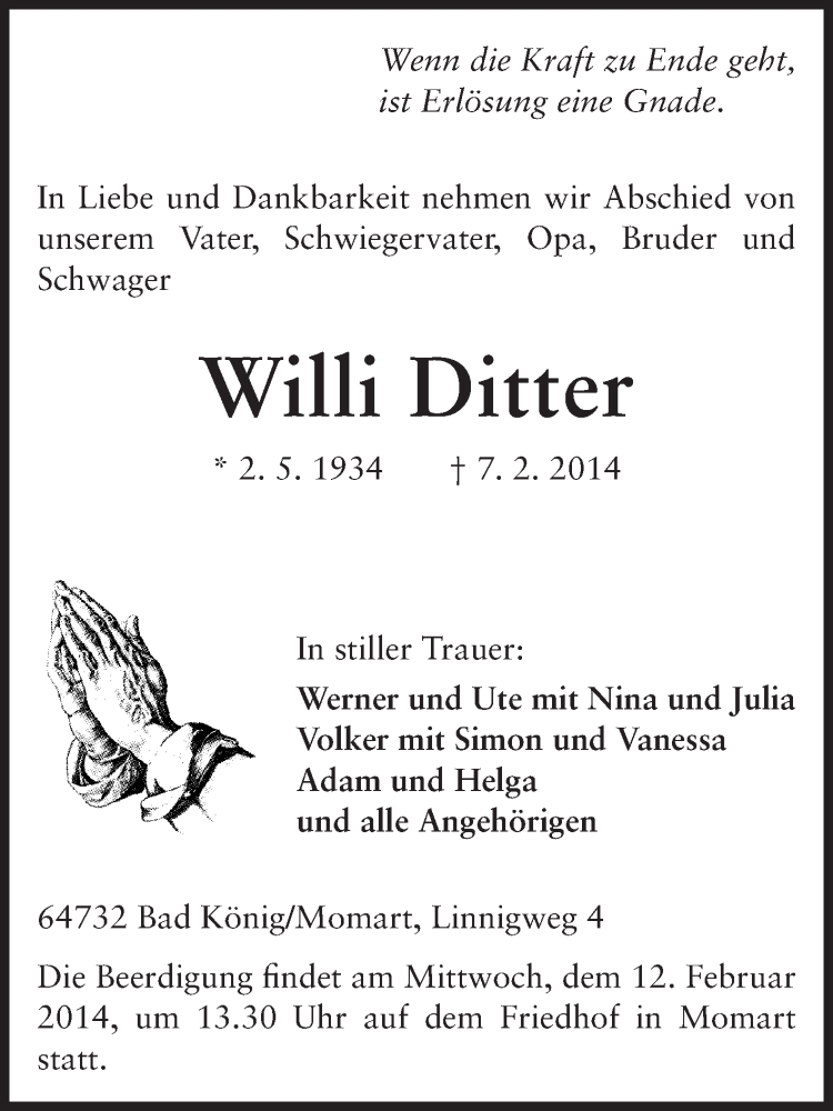  Traueranzeige für Willi Ditter vom 11.02.2014 aus Odenwälder Echo