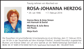 Traueranzeige von Rosa-Johanna Herzog von Echo-Zeitungen (Gesamtausgabe)