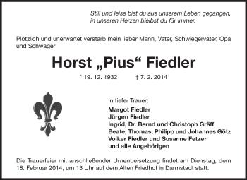 Traueranzeige von Horst Fiedler von Echo-Zeitungen (Gesamtausgabe)
