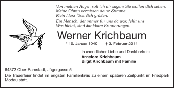 Traueranzeige von Werner Krichbaum von Echo-Zeitungen (Gesamtausgabe)