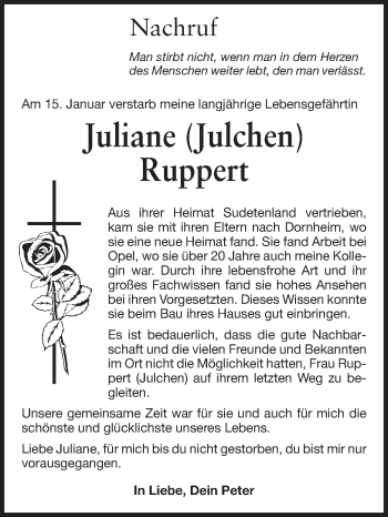 Traueranzeige von Juliane Ruppert von Rüsselsheimer Echo, Groß-Gerauer-Echo, Ried Echo